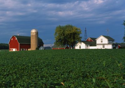 farm with barn, silo and white farmhouse in front of crop field